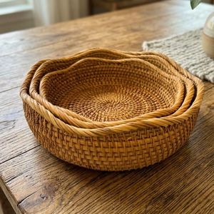 Ensemble de 3 paniers de rangement ronds en rotin, paniers tissés à la main pour l'organisation et la décoration de la maison - Product Image 1