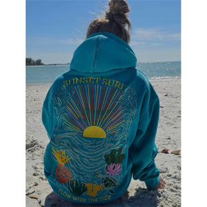 Sweat à capuche brodé Sunset Surf On The Sea, sweat à capuche décontracté en coton pour femme - Product Image 1