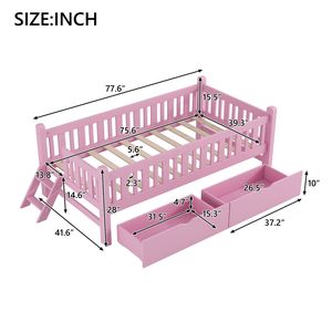 Letto a piattaforma in legno rosa per bambini, singolo, con sponda di sicurezza e 2 cassetti - Product Image 4