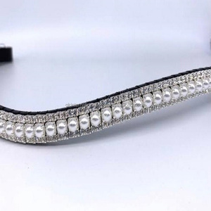 Correa de cuero negro para cejas de caballo, diseñada con perlas de banda de cuero inglés 3 filas y cristales, cadena ostentosa en todos los tamaños personalizados, novedad de 2022 - Product Image 2