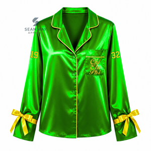Chi Eta Phi Women's Satin Pajama Set Long Sleeve Button-Up Embroidered Two Piece Sleepwear <b>Green</b> With Yellow Trim Lounge Set - Product Image 2