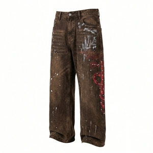 Jean droit ample à jambe large pour homme, style américain, en denim, orné de strass, imprimé graphique tie-dye, coupe décontractée, style urbain - Product Image 1