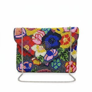 Floral Beaded Clutch Bag <b>Cream</b> Embroidered with Red Yellow Striped Design Evening <b>Handbag</b> Boutique Fashion Wholesale - Product Image 3