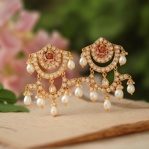 Ethnic <b>Pearl</b> <b>and</b> <b>Diamond</b> Chandelier <b>Earrings</b> for Wedding - Product Image 3