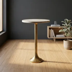 Table d'appoint moderne avec plateau rond en marbre et base en métal décorative en forme de feuille, meuble d'appoint de luxe pour la décoration du salon et de la chambre - Product Image 5