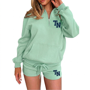 Ensemble décontracté 2 pièces pour femme, col rond, short, 100% coton molletonné, respirant, écologique, imperméable, manches longues, toutes saisons - Product Image 4