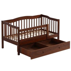 Letto per Bambini FCH in Pino Verniciato Marrone con Cassetto Inferiore e Design con Recinzione Verticale Laterale, Letti in Legno Artigianali - Product Image 4