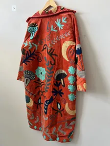 Bohemian <b>Coral</b> Red Embroidered Velvet Suzani Long <b>Jacket</b> With Floral Design Full Sleeve Winter Outerwear For Women - Product Image 3