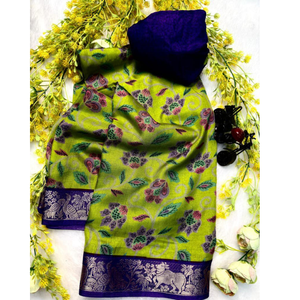 Elegante Saree Tradicional Jacquard Verde y Azul – Colección para Bodas y Festivales - Product Image 1