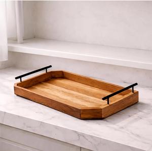 Bandeja de Servir Rústica de Madera Maciza con Asas Negras Mate, Bandeja Otomana de Madera, Organizador Moderno Rústico para Mesa de Centro - Product Image 2