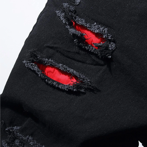 <b>Men's</b> Black Ripped Denim <b>Shorts</b> Casual Summer Cotton <b>Shorts</b> With <b>Red</b> Inner Lining Mid Waist Straight Leg Style - Product Image 4