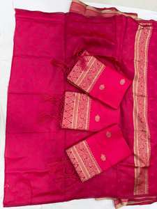 Sari de Seda Suave Banarasi de la India con Tejido de Zari Cobre, Piezas de Blusa, Ropa Tradicional para Fiesta, Reversible, Ajuste Delgado, Largo hasta el Suelo - Product Image 4