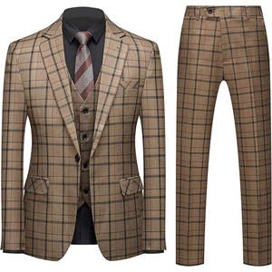 Wedding Groom Men's <b>Suit</b> Set Pant Coat Three Piece Plaid Pattern Design Formal Dress Tuxedo Italian Style Polyester/Cotton - Product Image 1