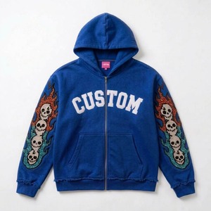เสื้อฮู้ดดี้แบบซิปเต็มตัว OEM สั่งทำได้ ผ้าหนา ตกแต่งด้วยลายกราฟิกบนแขนเสื้อ ทรงหลวม สไตล์สตรีทแวร์ ขายส่งเสื้อฮู้ดดี้สำหรับทุกเพศ - Product Image 3