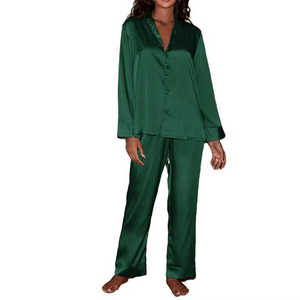 Custom High Quality Women's Elegant Sleepwear Set Breathable Satin <b>Pyjamas</b> 2pcs Long Sleeves Turn Collar Elastic Waist Closure - Product Image 1