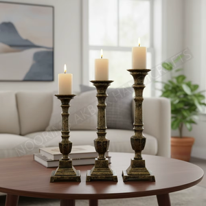 Antique <b>Brass</b> Gold Taper Candle Holders Set of 3 Vintage Gothic <b>Candlestick</b> Stand Square Pedestal Base Dining Tabletop Center - Product Image 5