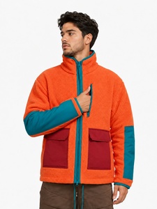 Unisex <b>Orange</b> <b>Fleece</b> Bomber Jacket Coated Front Color Blocking Zipper Closure Turn-down Collar Windproof Casual Autumn Wear - Product Image 2