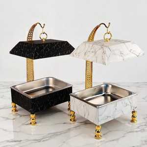 Casserole de luxe isolée en acier inoxydable architectural bleu avec couvercle et base en laiton, idéale pour servir les plats chauds - Product Image 5
