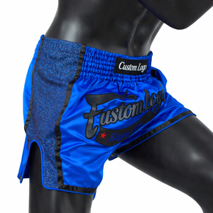 Shorts de Muay Thai de haute qualité, nouveaux, en satin bleu, shorts de kickboxing, coupe ajustée, shorts de boxe, vêtements d'entraînement, fabricant OEM. - Product Image 5