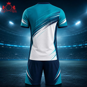 ชุดเสื้อฟุตบอลสีน้ำเงินขาวแบบซับลิเมชั่นสำหรับผู้ชาย กางเกงขาสั้น ชุดยูนิฟอร์มฟุตบอลผู้ใหญ่ ผ้าโพลีเอสเตอร์ระบายอากาศได้ดี - Product Image 4