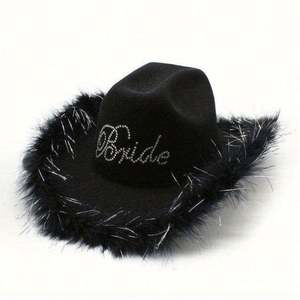 Chapeaux Fedora en feutre poly-coton en gros, en stock, blancs, pour mariage, fête, bordure en plumes brillantes, style pêcheur - Product Image 3