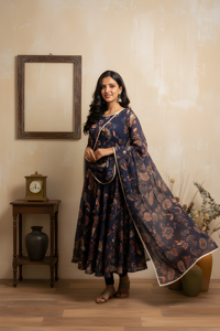 Conjunto de Kurta y Dupatta Estampados Azul Marino para Fiestas, Tela Georgette, Dupatta Estampada para Mayoristas - Product Image 3