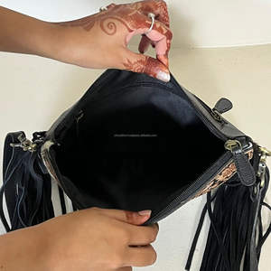 Women Bohemian Fringe Handbag Crossbody Sling <b>Bags</b> for Ladies Handmade Tooled Cowhide Leather Cherry Motif Boutique Purse <b>Bags</b> - Product Image 6