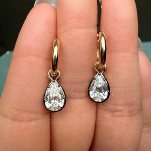 Pear Shape Lab Diamond <b>Drop</b> Earrings, 14K Gold Huggie Hoop Earrings, Bezel Set Teardrop Diamond Earrings, Minimalist Luxury - Product Image 1