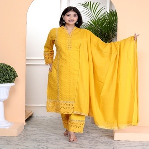 Conjunto de Kurta de Algodón Amarillo Brillante para Mujer NIYANI con Bordado Delicado y Dupatta Fluido para Bodas y Diwali, Elegancia Étnica - Product Image 2