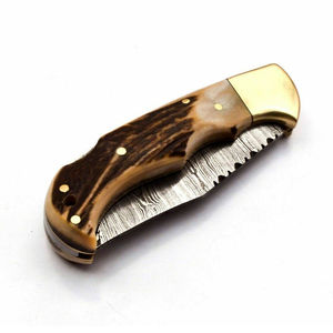 Couteau pliant de poche en acier Damas fait main, manche en bois, double lame - Product Image 4