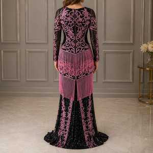 Vestido de Noche Negro Rosa con Adornos de Sirena para Mujer, Diseño de Diseñador, con Cuentas y Flecos, Formal, Elegante, de Malla Elástica hasta el Suelo, Natural - Product Image 3