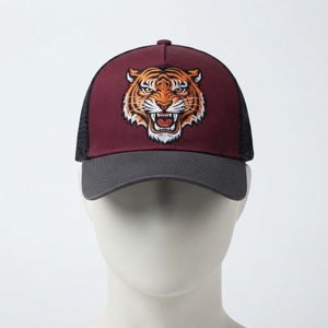 Casquette de baseball pour homme, bordeaux, style trucker, broderie tigre, dos en maille noire, fermeture snapback, logo personnalisé - Product Image 3