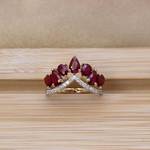 Wholesale 14k Yellow Gold Natural Pear Cut Ruby Diamond Chevron <b>Crown</b> <b>Ring</b> Memoria Jewels - Product Image 2