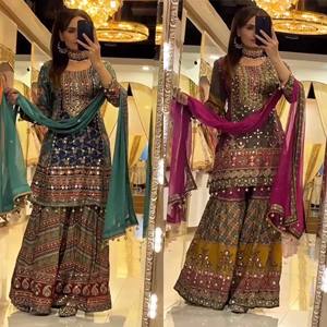 Heavy Embroidered Pakistani Style Butterfly Silk Adult Sharara Suit Hand Aari & Gota Patti Work Party Wear Traditional Style - Product Image 1