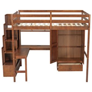 Letto a soppalco a grandezza naturale con scrivania in legno, librerie, armadio e cassetti, scala integrata e spazio contenitore per bambini - Product Image 3
