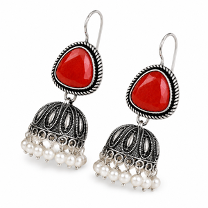 Oxidized <b>Silver</b> <b>Earrings</b> Orange Gemstone Indian Jhumka <b>Earrings</b> for Women - Product Image 4