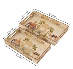 Ensemble de plateaux rectangulaires en MDF émaillé faits à la main, design oriental, 14x8 et 16x10 pouces, avec motifs élégants pour un service de luxe. - Product Image 1