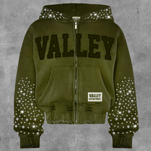 Hoodie court zippé personnalisé style streetwear hiver, coupe ample, délavé soleil, strass, délavé à l'acide, style gothique, high street, hip hop, français - Product Image 1