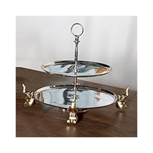 Élégant support à gâteau en métal argenté à 2 niveaux avec pieds d'éléphant dorés et anneau supérieur, centre de table de luxe pour desserts de mariage - Product Image 6