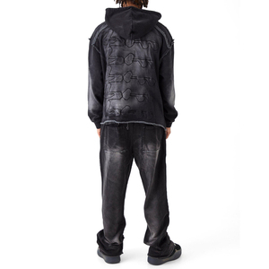 <b>Mens</b> Black Dip Dye Hooded Tracksuit Set Full Sleeve Loose Fit Sweatshirt With Side Pockets Streetwear Autumn Style - Product Image 2