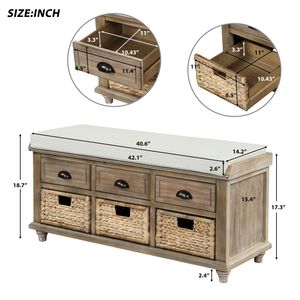 Rustic 3-Drawer <b>Storage</b> Bench with 3 Rattan <b>Baskets</b> Living Room Furniture <b>for</b> Entryway or Shoe Organization - Product Image 3