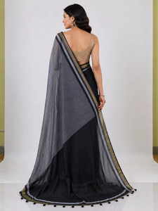Sari long élégant noir et gris en coton avec bordure dorée, tenue de mariage traditionnelle pour femme, infroissable, anti-humidité, recyclé - Product Image 3