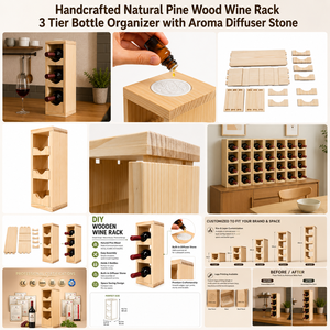 Estante para Vino de Madera de Pino Natural Hecho a Mano, Organizador de Botellas de 3 Niveles con Piedra Difusora de Aroma - Product Image 4