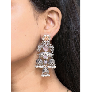 Pendientes Jhumka de Plata Oxidada al por Mayor con Piedras Rosas y Perlas |   Pendientes Étnicos Bohemios de la India - Product Image 1
