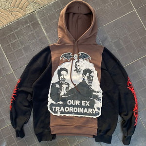 Gothic Hoodie Men Oversized Cotton French Terry Front Print Bat Design <b>Red</b> Flame Sleeves Autumn Wear Hoodie - Product Image 3