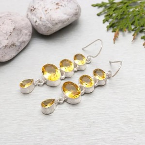 Pendientes colgantes de citrino natural, pendientes largos de moda con múltiples piedras preciosas para mujer, alambre para las orejas, chapado en plata de ley 925. - Product Image 3