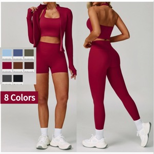 Ensemble de yoga marron uni 2 pièces pour femme, haut court sans couture et short taille haute, en Spandex et Polyester, tenue de sport, design col roulé et dos nu - Product Image 4