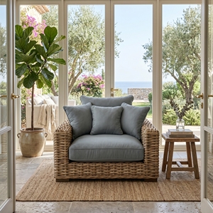 Fauteuils Saint Martinez en bois d'acajou et rotin Kuboo gris tressé, fauteuil en tissu gris épais, mobilier de patio haut de gamme pour resort - Product Image 3