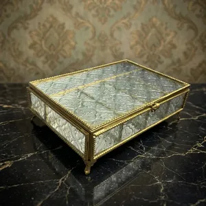 ARTISAN DESIGN Luxury Embossed Glass <b>Jewelry</b> Box Gold Metal Frame <b>Mirror</b> Decorative <b>Storage</b> Keepsake Box Vanity Organizer - Product Image 1