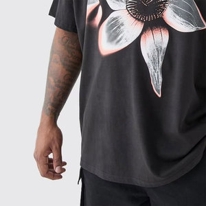 Camiseta de Algodón Negra Extra Grande para Hombre, Cuello Redondo, Manga Corta, Estampado Floral, Estilo Urbano, Transpirable - Product Image 4